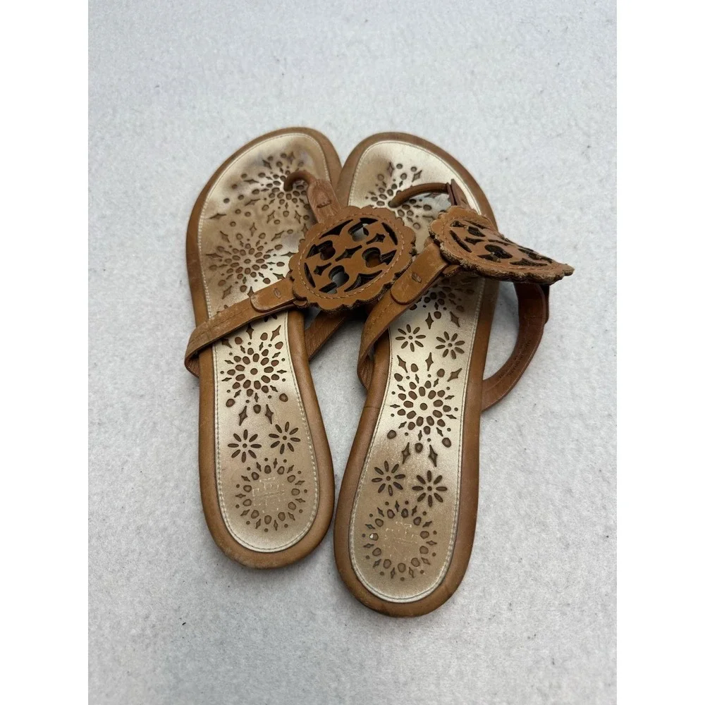 Tory Burch Miller Scalloped Medallion Sandals Women's Size 8.5 Brown Leather